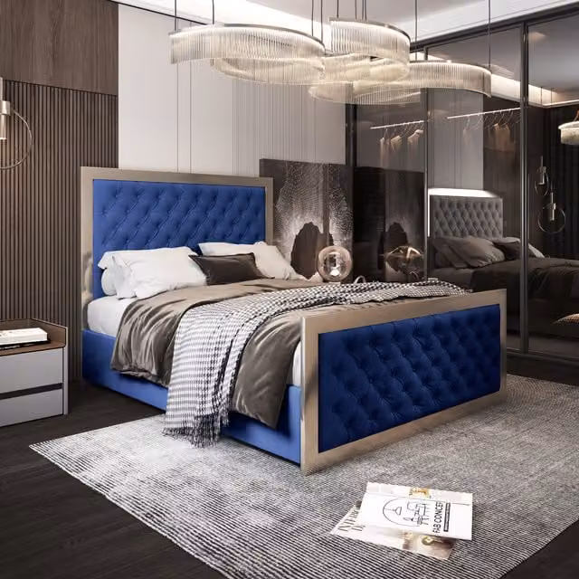 Emia Upholstered Velvet Metal Bed Frame in Blue, W/D/H: 140 x 200 cm