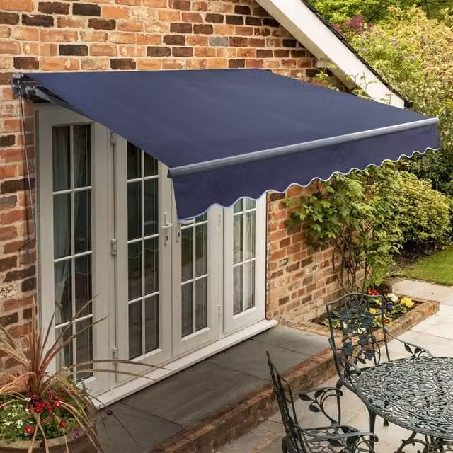 Primrose Manual Folding Arm Patio Awning in Blue with Aluminium Frame, W: 250 cm, D: 18 cm