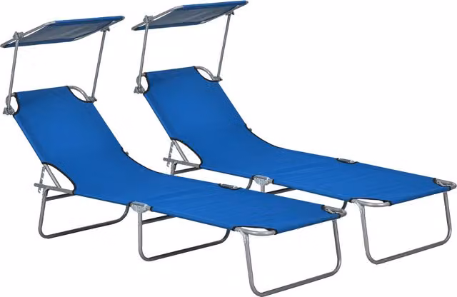 Outsunny Set of 2 Blue Foldable Outdoor Sun Loungers with Adjustable Backrest and Sun Canopy