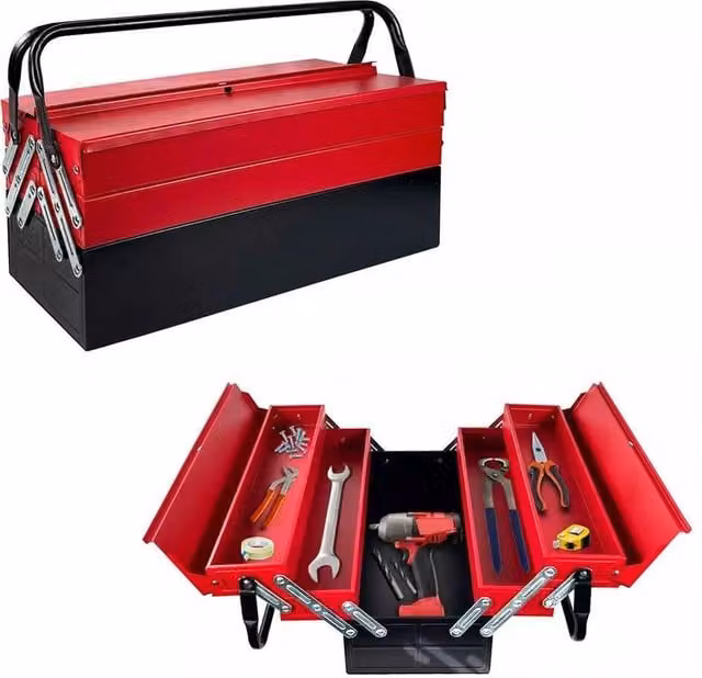 Hinsinc Heavy Duty 3 Tier Metal Cantilever Tool Box in Red, W: 52 cm, D: 52 cm