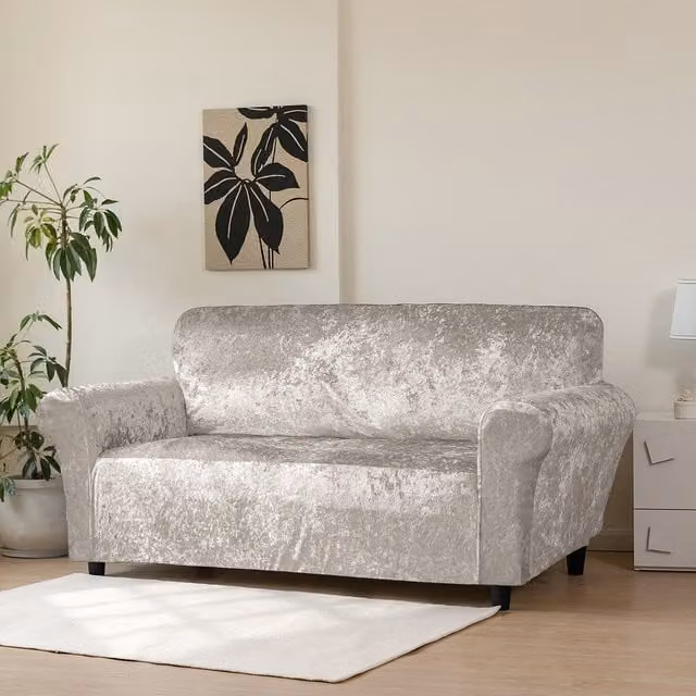 Home Republic Crushed Velvet Stretch 2 Seater Sofa Cover in Beige