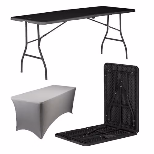 Harbour Housewares Folding Picnic Table with Fitted Tablecloth, Black and Grey, W: 180 cm, D: 70 cm, H: 73.5 cm
