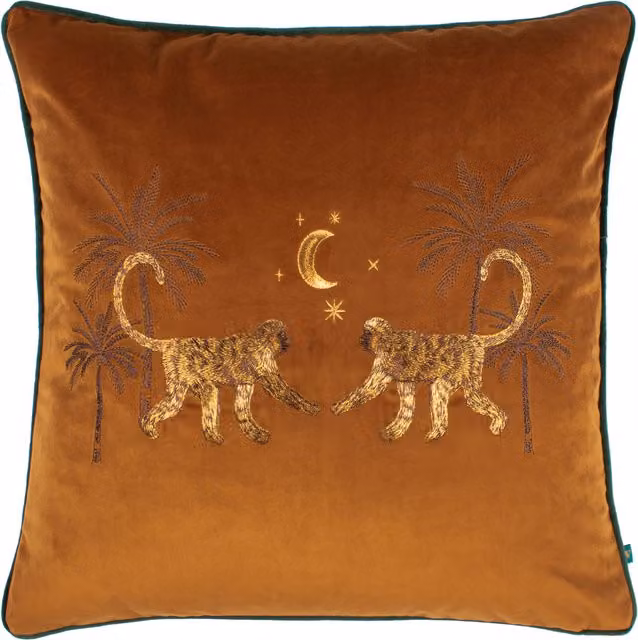 Dusk Monkey Embroidered Velvet Cushion in Rust