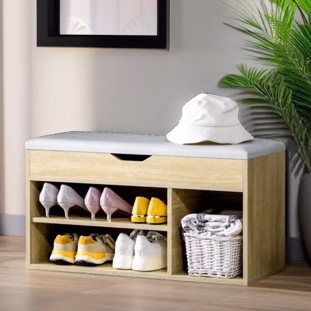 Pirlo Plush Industrial Shoe Storage Bench with Cushion Seat in Light Oak, W/D/H: 120 x 30 x 43 cm