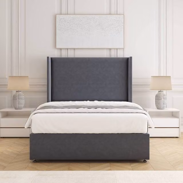 BSSPOKE Austin Small Double Divan Bed Set with 54 inch Plush Velvet Headboard and Mattress in Charcoal Grey, W/D/H: 120 x 200 cm