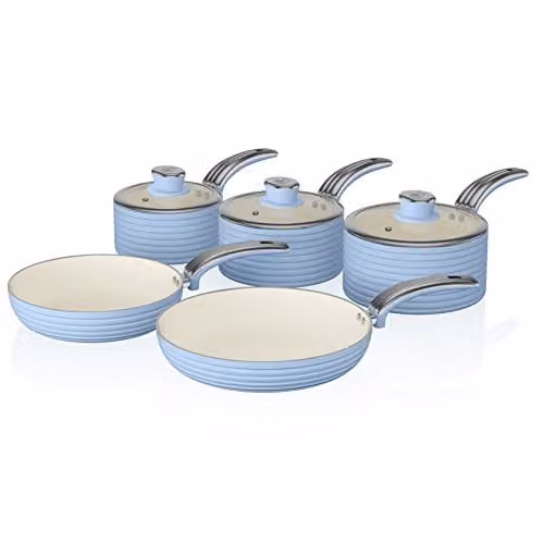Swan SWPS5020BLN Retro 5 Piece Aluminium Pan Set with Ceramic Non-Stick Coating and Glass Lids, Blue