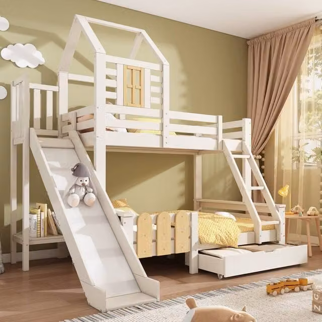 BTM White Wooden House Bunk Bed with Ladder, Slide and Drawers, Single Size, H 230 x W 120 x D 189 cm