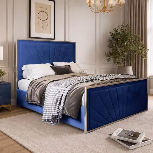 Casani Somerford Double Bed Frame, Blue Velvet Upholstered with Metal Geometric Design, W/D/H: 140 x 200 x 135 cm