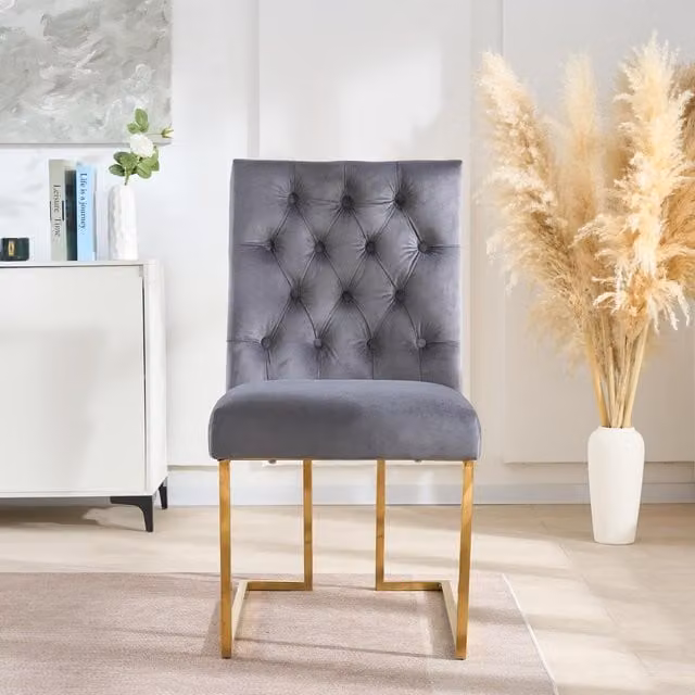 Life Interiors Siena Luxury Tufted Velvet Dining Chairs, Set of 4, Grey with Gold Metal Legs