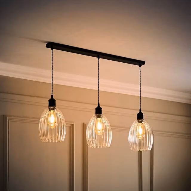 ValueLights Cheltenham 3 Drop Bar Ceiling Light with Matte Black Metal and Transparent Ribbed Glass Dome Shades