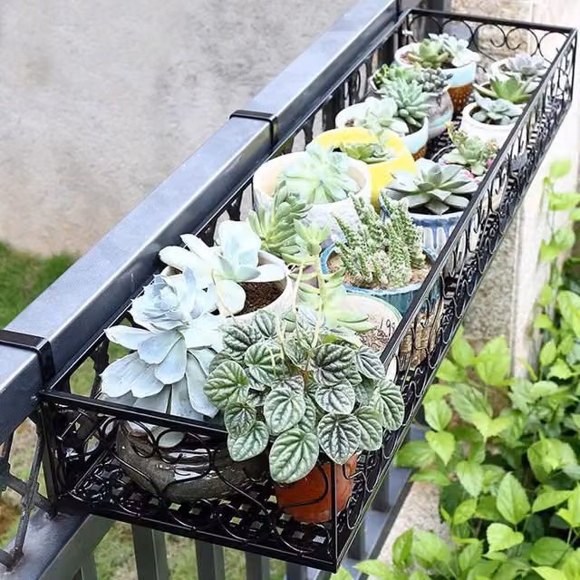 FORGEVIO Black Metal Hanging Trough Planter for Balcony Railings, W: 80 cm, D: 20 cm, H: 12 cm