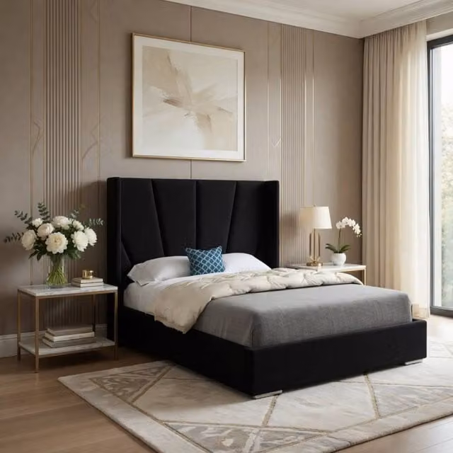 KDMD Glapthorn Wide Curved Designer Bed Frame in Black Soft Velvet, W/D/H: 120 x 200 cm