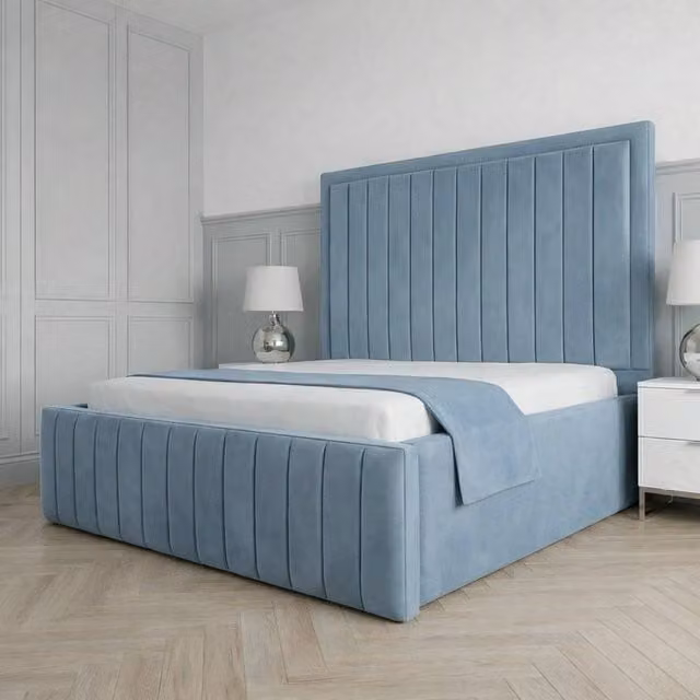 Living Comfort Bedz Sovereign Plush Velvet Upholstered Bed with Slatted Base and 48 Inch Headboard in Light Blue, Small Double