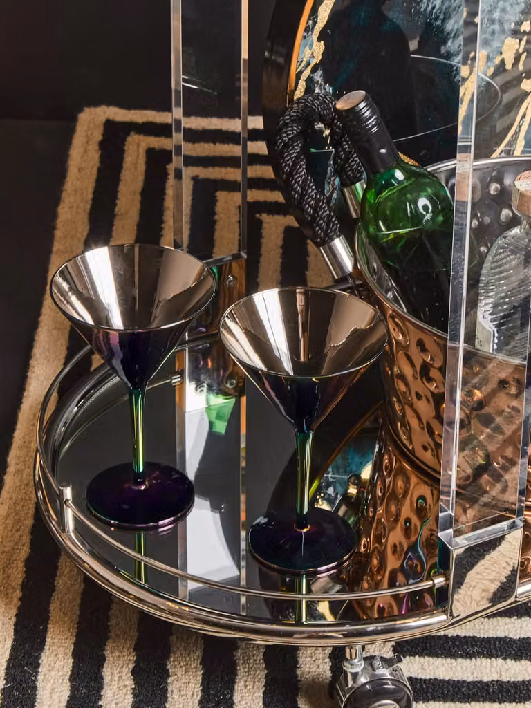 Orsina Oval Mirrored Drinks Trolley with Two-Tier Glass Shelves and Chrome Metallic Frame in Silver