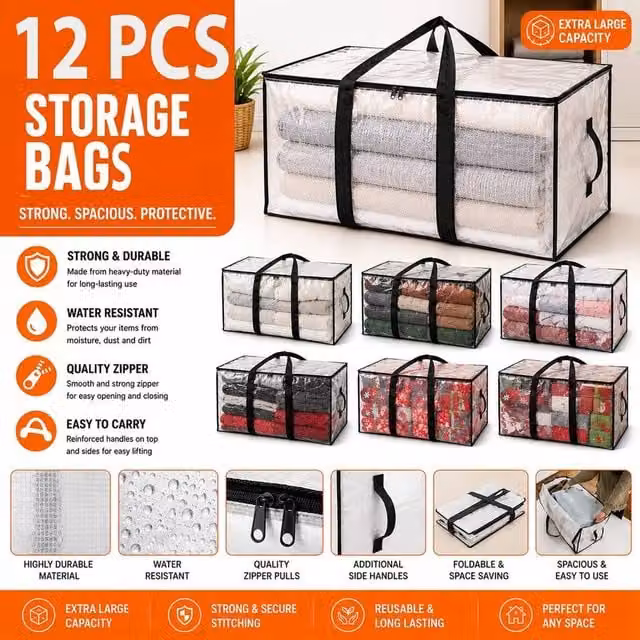 ATEK 12 Pack Clear Heavy-Duty Moving Boxes and Storage Bags with Backpack Straps, Zippers and Handles