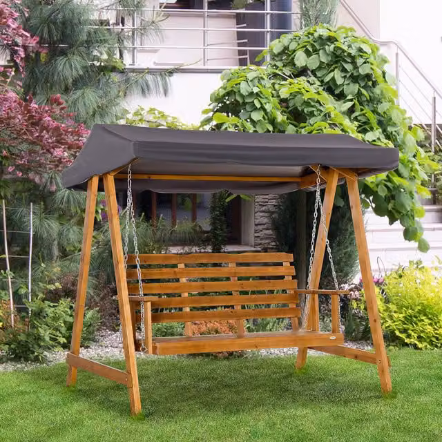 Outsunny 3 Seater Wooden Garden Swing Bench with Sun Canopy in Brown and Grey