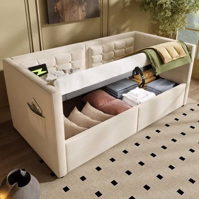 Aosom UK Beige Upholstered Single Sofa Bed with USB Charging and Under-bed Storage, W/D/H: 106 x 190 x 75 cm