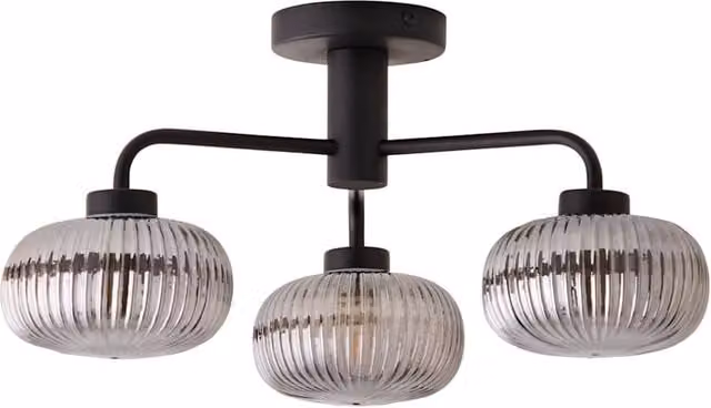 ValueLights Amaia 3 Way IP44 Bathroom Ceiling Light with Ribbed Glass Shades and Bulbs in Black
