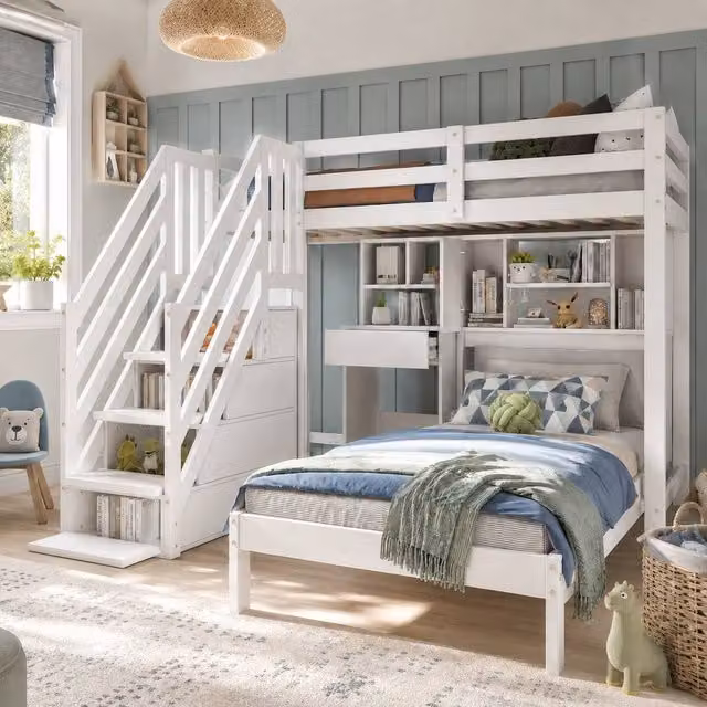 Rolipo White Pinewood House Bunk Bed with Desk, Storage and Stairs W/D/H: 90 x 190 cm