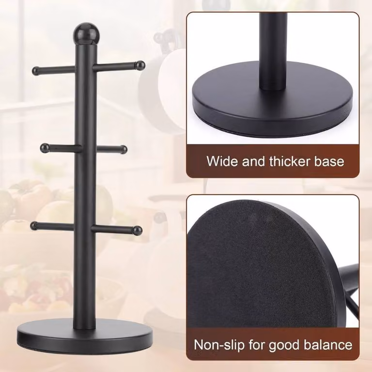 SPETLEK Black Metal Freestanding Mug Tree and Cup Stand with Kitchen Towel Holder