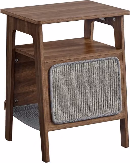 Yaheetech Pet-Friendly Sofa Side Table with Integrated Cat Bed and Scratching Board in Walnut