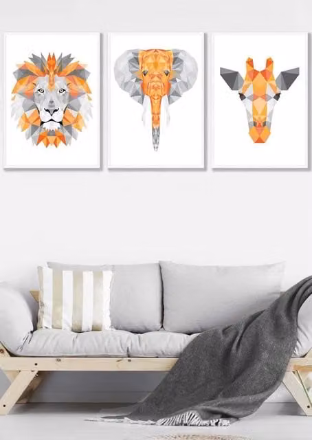 ARTZE Set of 3 Geometric Jungle Animal Heads Wall Art, White Framed, Orange and Grey, W45 x H62 x D2 cm