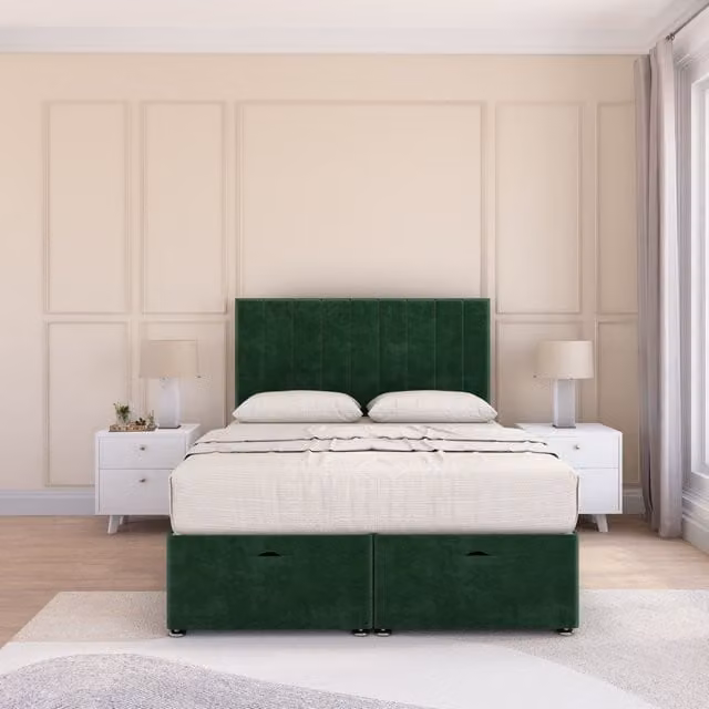 Sloomy Kansas Small Double Ottoman Bed with Sprung Memory Mattress and 54 Inch Floorstanding Headboard in Emerald Green