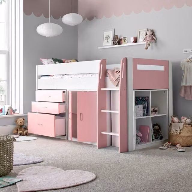 Bedmaster Lacy Pink Mid Sleeper Bed with Storage Drawers and Memory Foam Mattress