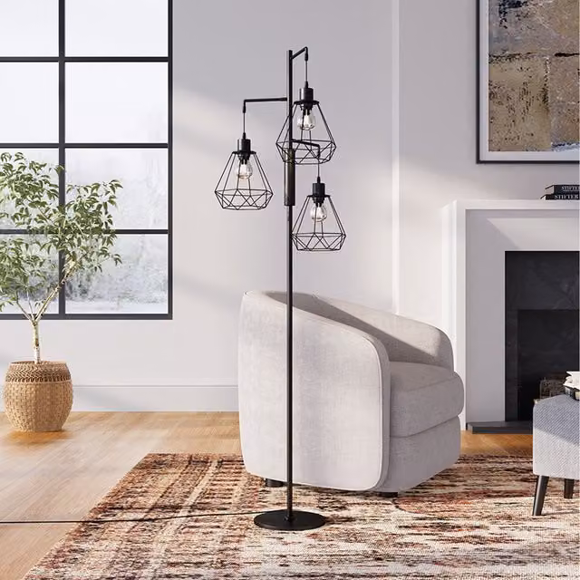 Livingandhome Contemporary Industrial Three-Head Metal Floor Lamp with Irregular Organic Shades in Black