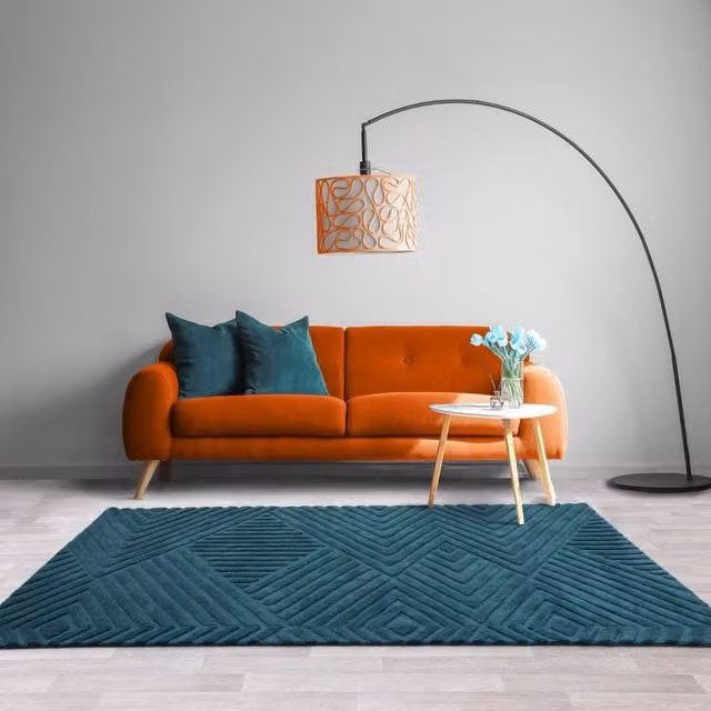 The Rug Shop UK Petrol Teal Handmade Wool Modern Geometric Rectangular Area Rug W: 200 cm, D: 290 cm