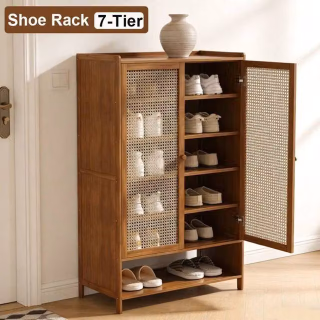 SPETLEK 7-Tier Rustic Brown Wooden Shoe Cabinet with Rattan Doors, H 95 cm x W 59 cm x D 32 cm