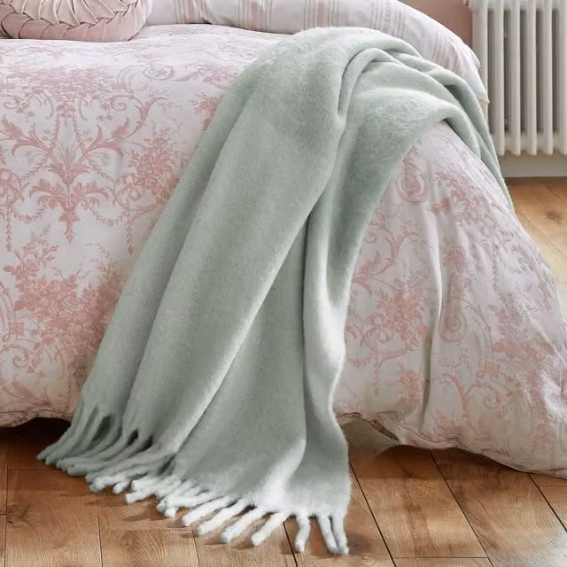 Laura Ashley Bronwen Woven Wool Blend Throw with Fringes, Green, W: 130 cm, L: 170 cm