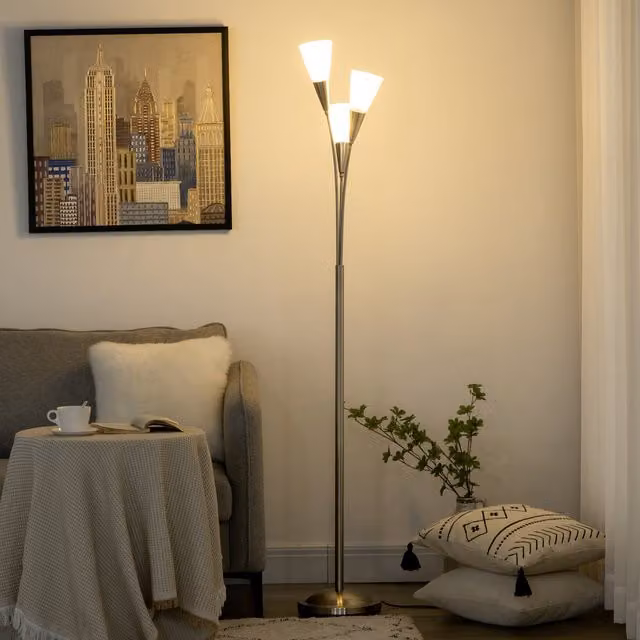 HOMCOM Modern 3-Light Floor Lamp in Silver and White