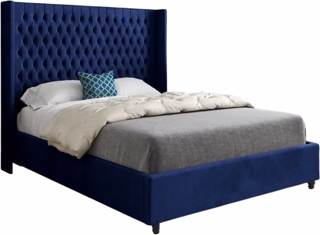 Casani Blue Velvet Upholstered Designer Bed Frame, W/D/H: 144 x 137 x 200 cm