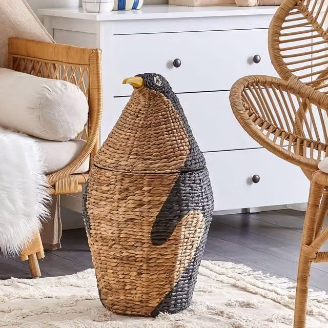Wyld and Coco Penguin Wicker Toy Basket in Brown, Sand and Multicolour, W/D/H: 68.0 x 40.0 x 1.0 cm