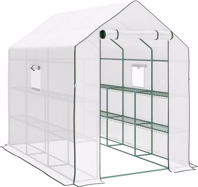 Outsunny Walking Greenhouse with PE Cover, 3 Tier Shelves, Roll-up Door and Mesh Windows, White, W/D/H: 2.0 x 1.4 x 1.9 m
