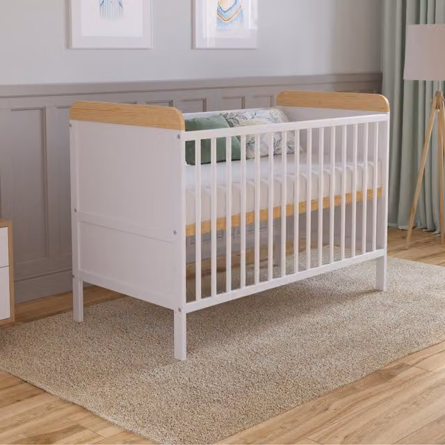 Love For Sleep Levi Scandinavian Cot Bed with Drop Side and Microfibre Foam Mattress in White and Pine, W/D/H: 120 x 60 x 60 cm