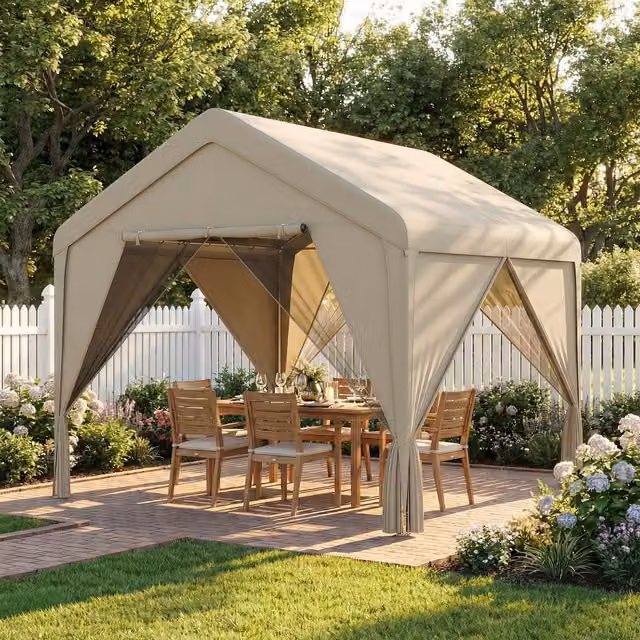 Outsunny Gable Patio Gazebo with Netting and Curtains, Beige/Brown, W: 300 cm, D: 300 cm, H: 300 cm