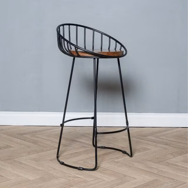 Elm Home and Garden Rustic Mango Wood and Metal Breakfast Bar Stool in Black and Brown