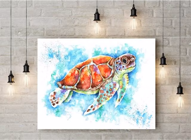 BebesArts Turtle Watercolour Print Canvas Wall Art in Blue, W: 40.64 cm, H: 60.96 cm