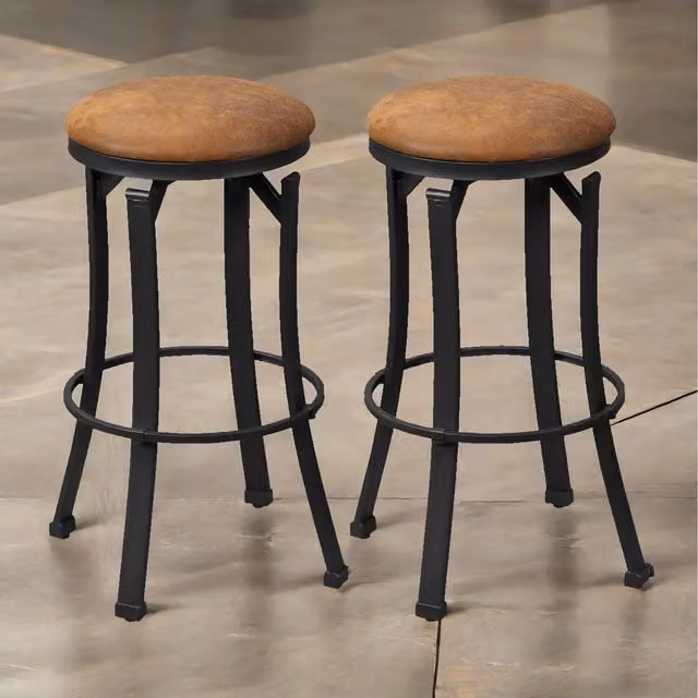 Pirlo Plush Set of 2 Industrial Swivel Bar Stools in Brown with Microfibre Synthetic Leather and Metal Frame, Height: 72.8 cm