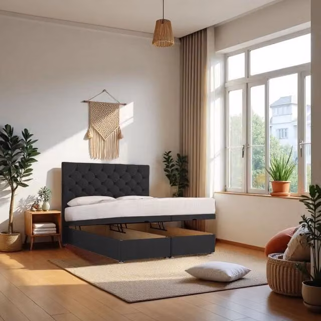 Knight Sleep Athens Small Double End Opening Ottoman Bed with Hybrid Mattress and 24 inch Headboard in Black