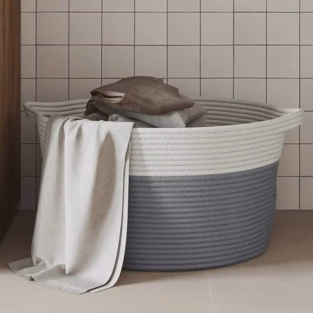 Berkfield Grey and White Open Weave Cotton Storage Basket with Handles, W: 40 cm, D: 25 cm, H: 25 cm
