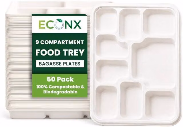 ECONX 100 Pack White Bagasse 9 Compartment Disposable Dinner Plates