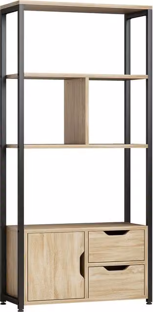 HOMCOM 4-Tier Industrial Bookcase with 1 Cabinet and 2 Drawers in Brown and Black Wood and Metal