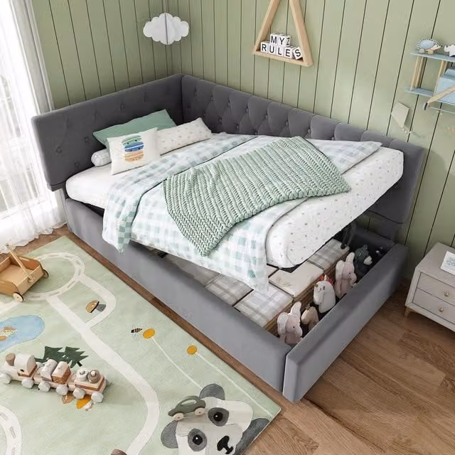 Aosom UK Grey Upholstered Daybed with Hydraulic Ottoman Storage, W: 100 cm, D: 196 cm, H: 77 cm
