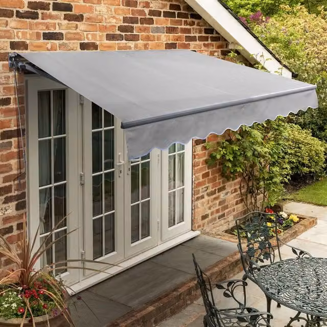 Primrose Manual Folding Arm Patio Awning in Silver and Grey with Aluminium Frame, W: 300 cm, D: 18 cm