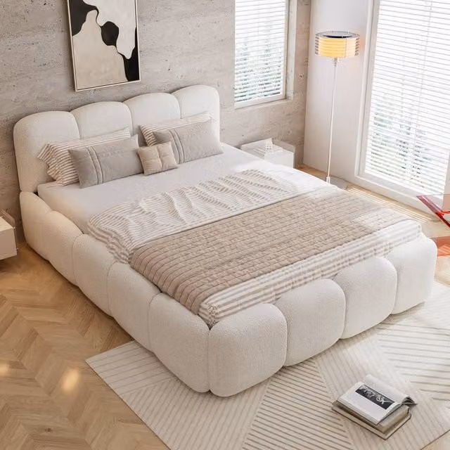 Merax Double Upholstered Bed in Beige Boucle with Block Padded Headboard, W/D/H: 140 x 200 cm