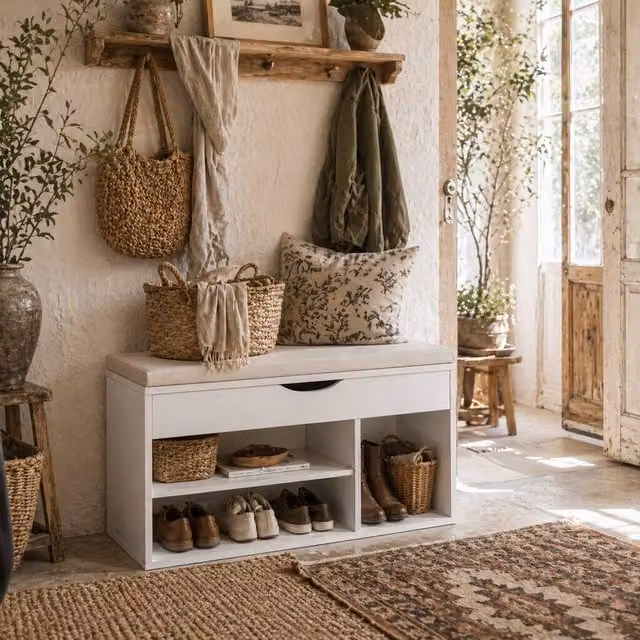 Wyld Haus Sokari White Shoe Storage Bench with Padded Synthetic Leather Seat and Hidden Compartment, W/D/H: 76 x 30 x 47 cm