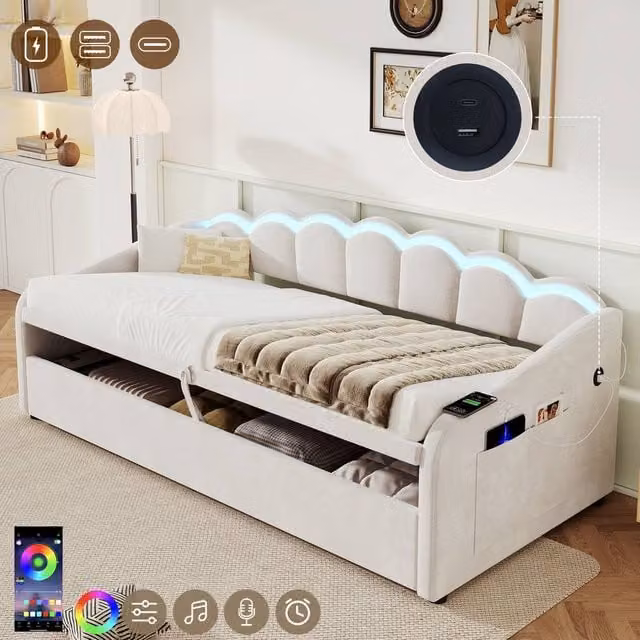 BTM Petal Daybed Single Upholstered Storage Bed in Beige with RGB LED Under-bed Lighting and USB Charging Port W/D/H: 190 x 90 x 78 cm